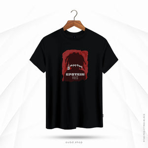 Black t-shirt with red graphic design on a hanger against a white background